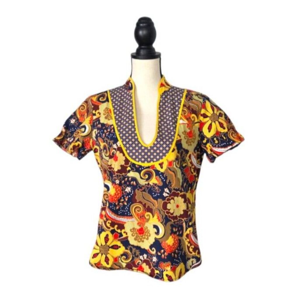 J.Crew Boho Paisley Floral Contrast Bib Top Short Sleeve Size S